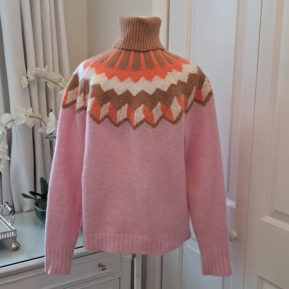 J.Crew Womens Fair Isle Turtleneck Soft Alpaca Wool Blend Sweater Pink/Tan SM‎